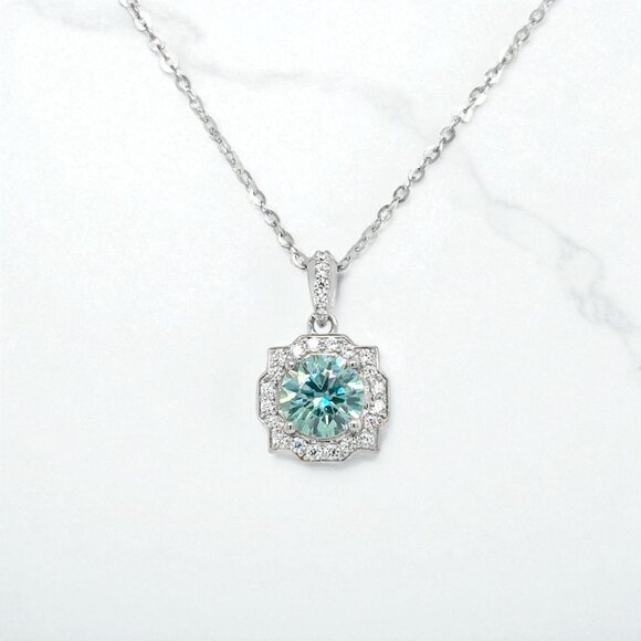 Round Blue Moissanite Halo Pendant in 925 Sterling Silver - Picture 1 of 3